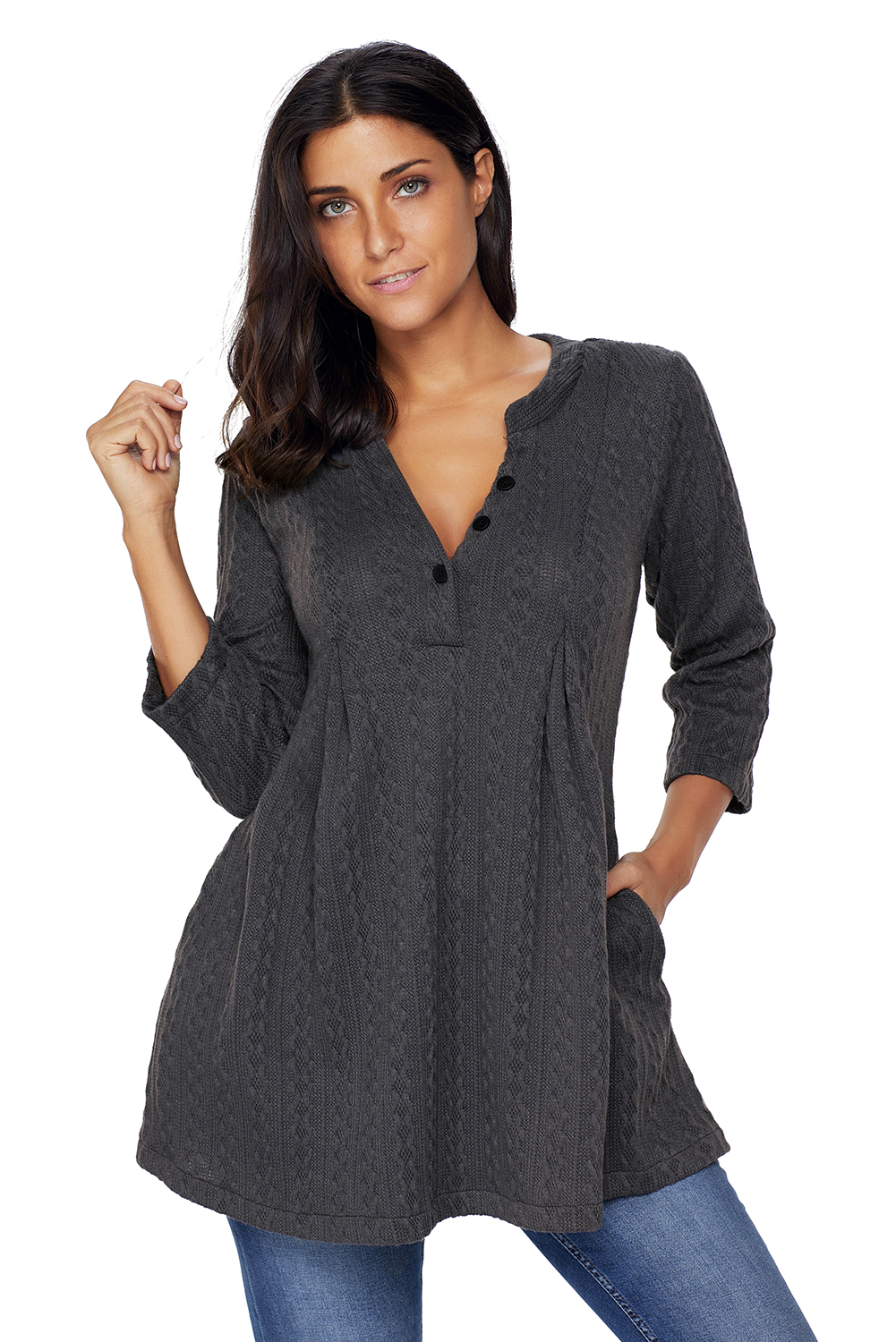 BY27750-1011 Charcoal Cable Knit Button Neck Swingy Tunic